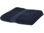 Folded navy blue bath towel with a decorative stripe.
