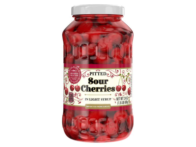 Jar of pitted sour cherries in light syrup, 24 oz (680g), imported from Europe.