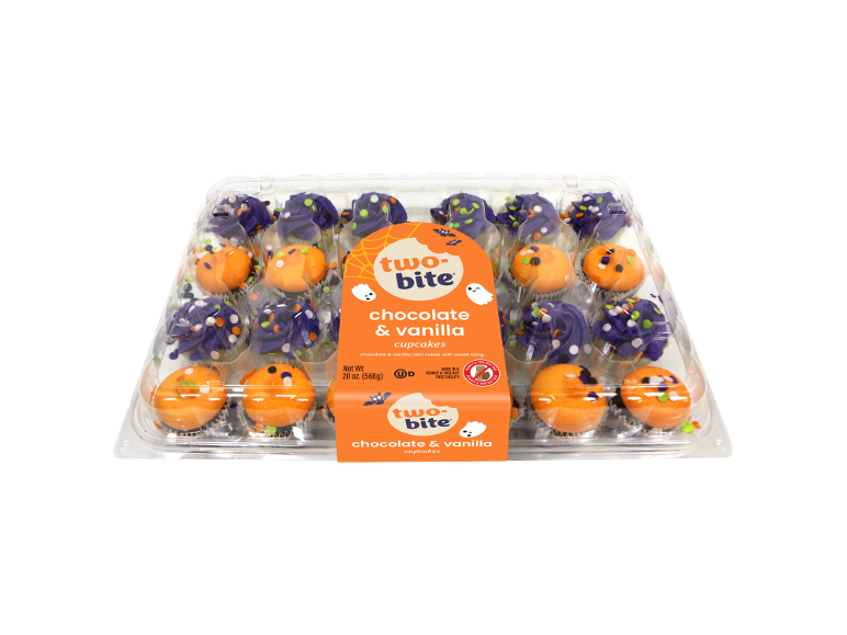 Tray of Halloween-themed chocolate and vanilla cupcakes, with orange and purple icing.
