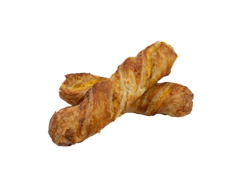 Two golden-brown, crispy puff pastry sticks with filling, crossed on a black background.