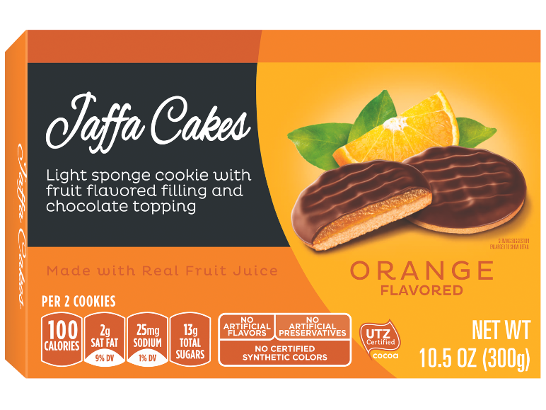 Orange flavored chocolate-covered sponge cookies with fruit filling.