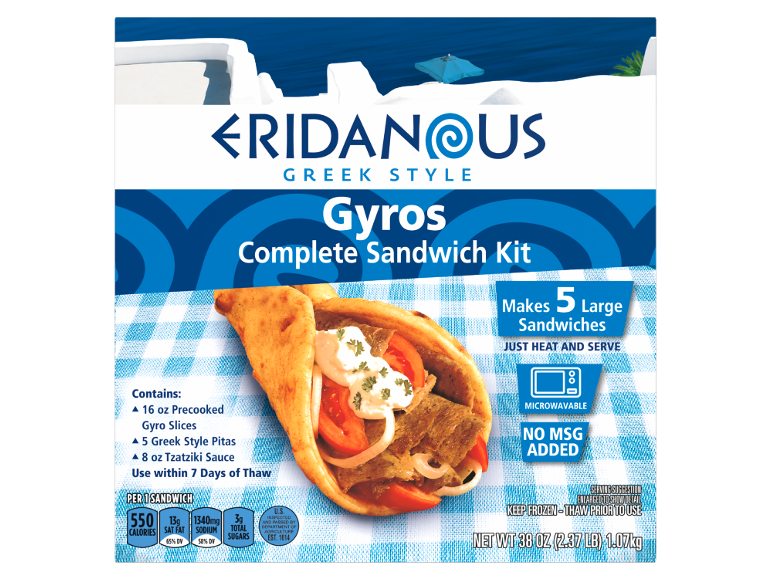 Complete Greek-style gyros sandwich kit with 5 large sandwiches, containing meat, pitas, and tzatziki sauce.