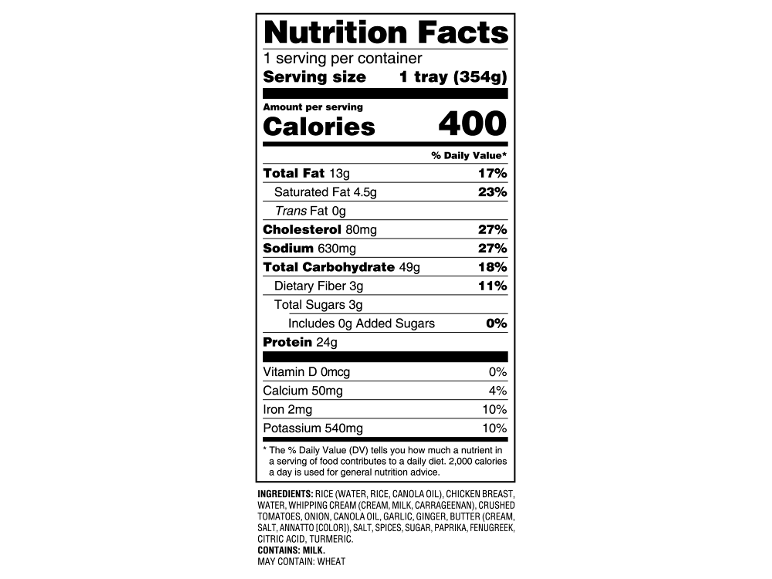 Nutrition Facts label for a chicken and rice dish, detailing calories, fats, carbs, and ingredients.