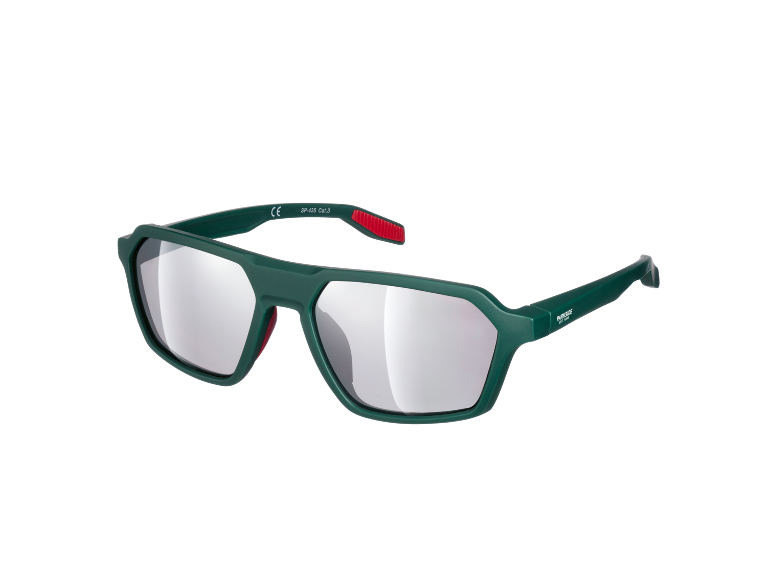Green sports sunglasses with mirrored lenses and red accents.