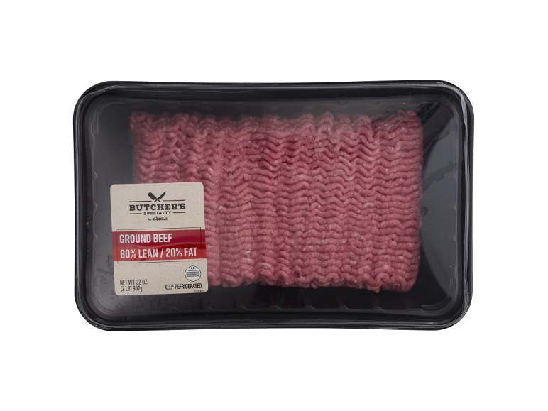 Ground beef 80% lean / 20% fat in a 907g tray.