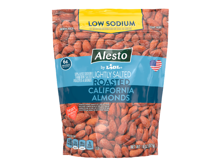Lightly salted roasted California almonds, low sodium and heart healthy.
