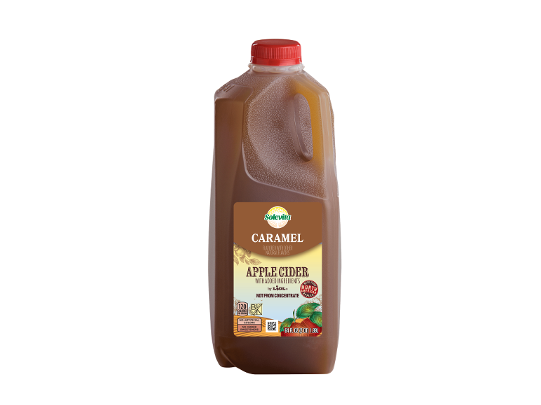 Caramel apple cider in a gallon jug, flavored with natural ingredients, not from concentrate.