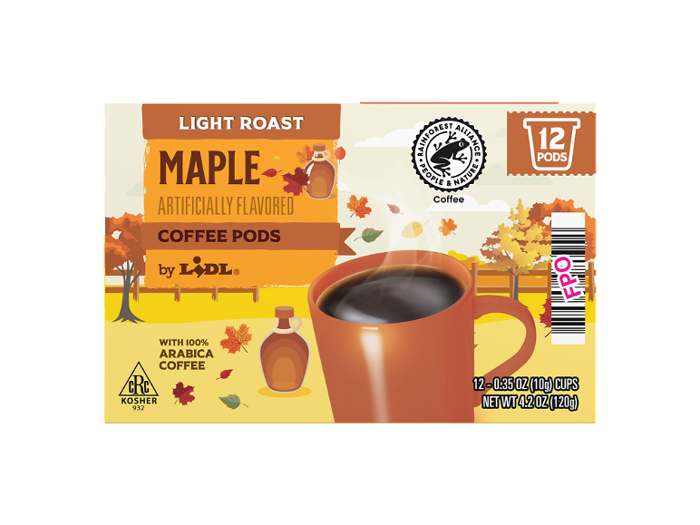 Light roast maple flavored coffee pods, 12 count, with 100% arabica coffee.