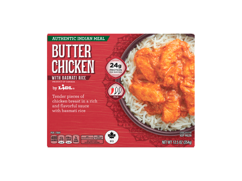 Prepared butter chicken meal with basmati rice, 24g protein, 400 calories.