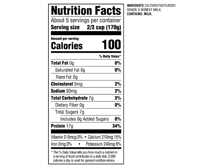 Nutrition Facts label for a food product, showing 100 calories and 17g protein per serving.