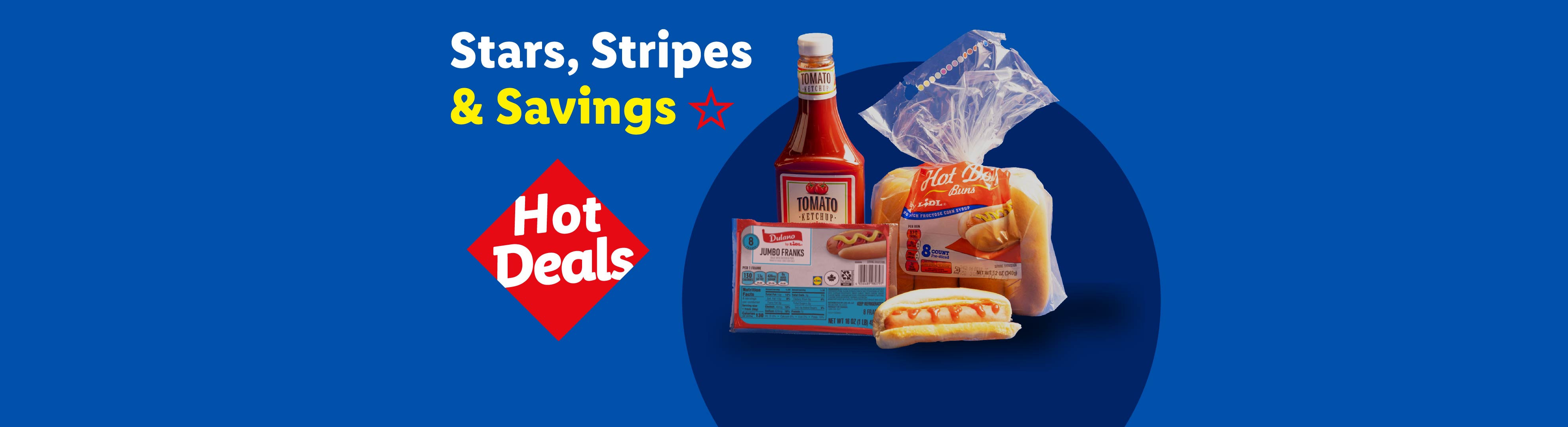 Hot dogs, buns, and ketchup with 'Stars, Stripes & Savings' and 'Hot Deals' text.