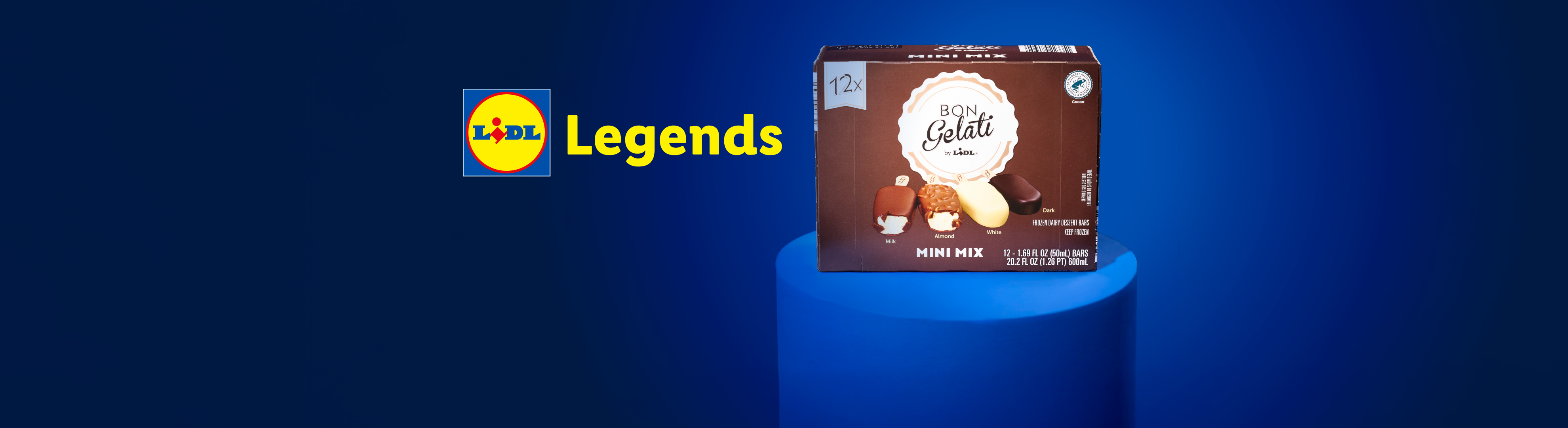 A box of mini ice cream bars with milk, almond, white, and dark chocolate flavors, next to the text 'Legends'.