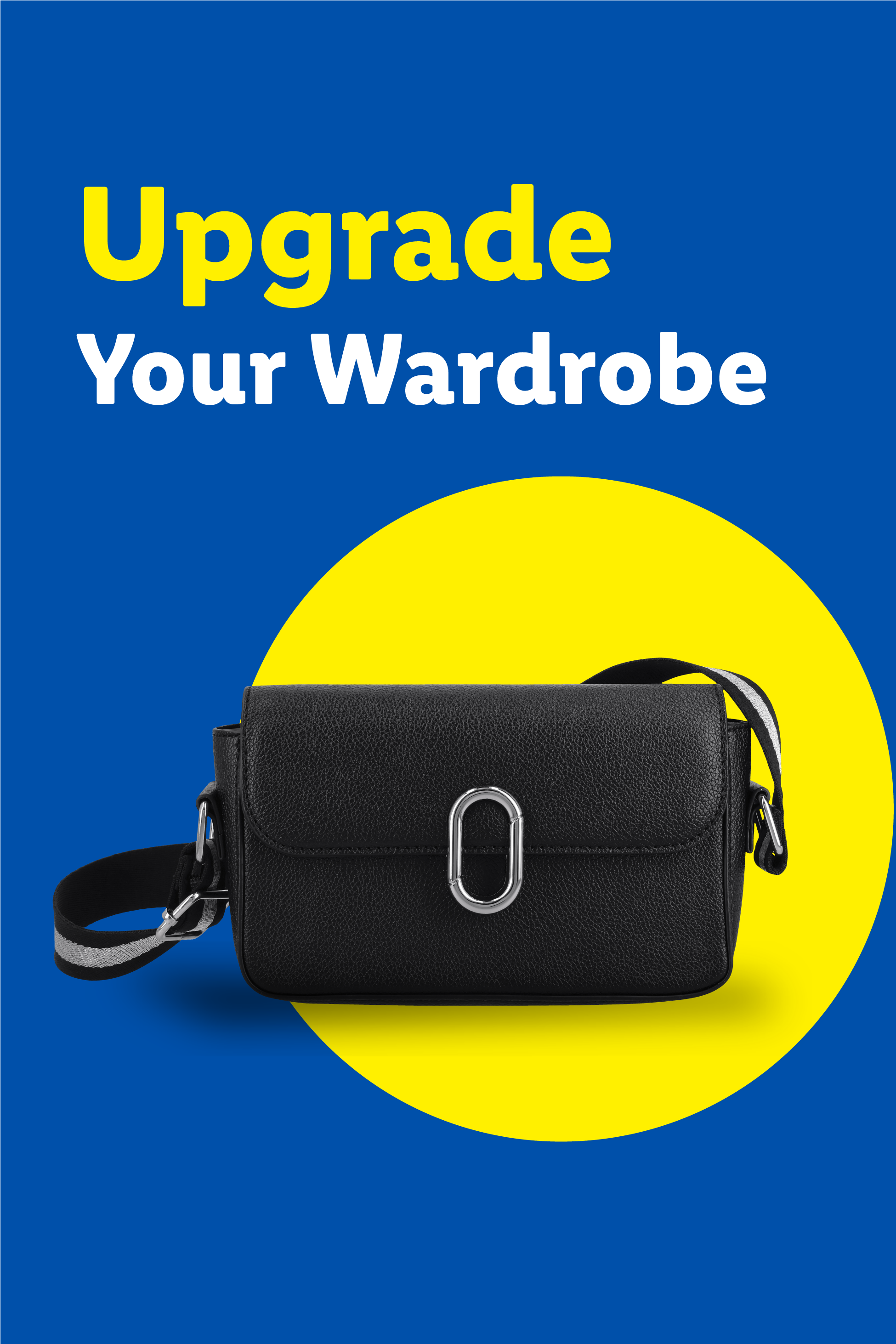 A black crossbody bag with a silver clasp on a blue background with a yellow circle. Text: Upgrade Your Wardrobe.
