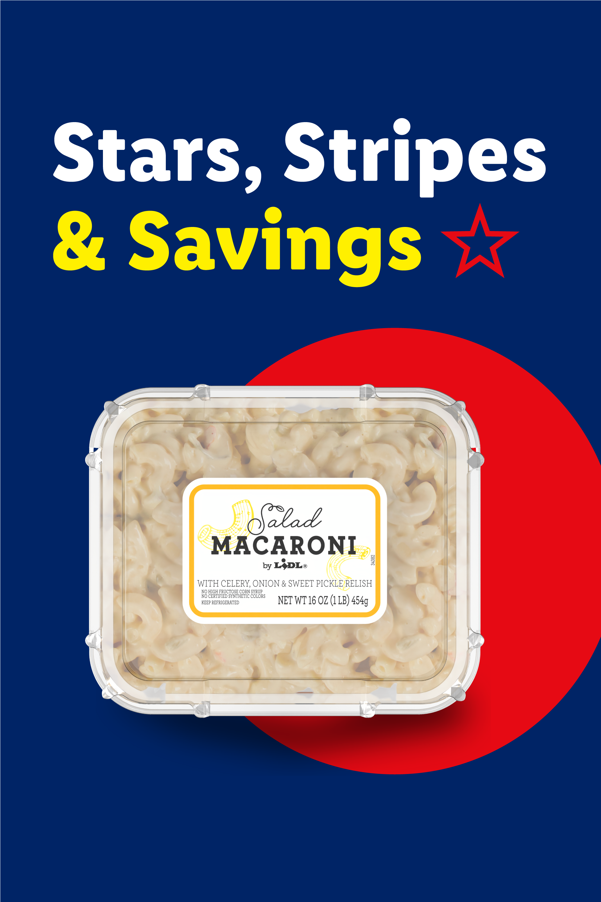 Macaroni salad in a clear container with text 'Stars, Stripes & Savings' on a blue background.