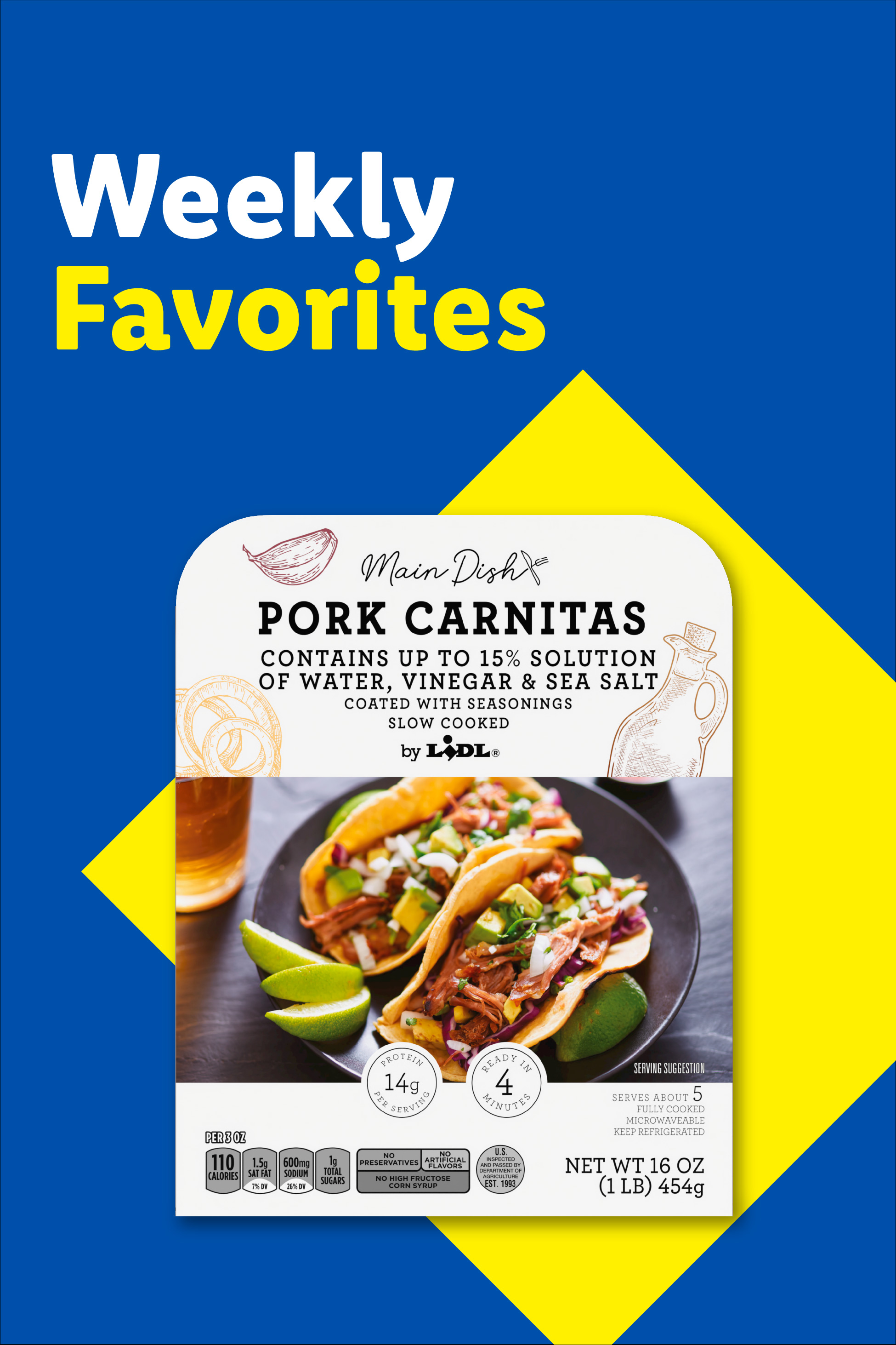 Weekly Favorites promotion featuring pork carnitas tacos, highlighting nutritional facts and preparation time.