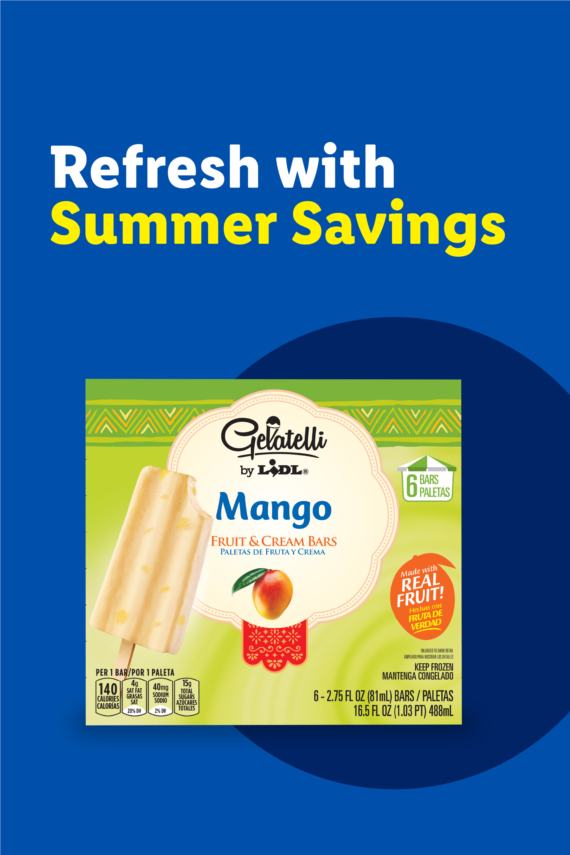 Mango fruit and cream bars with a 'Refresh with Summer Savings' message.