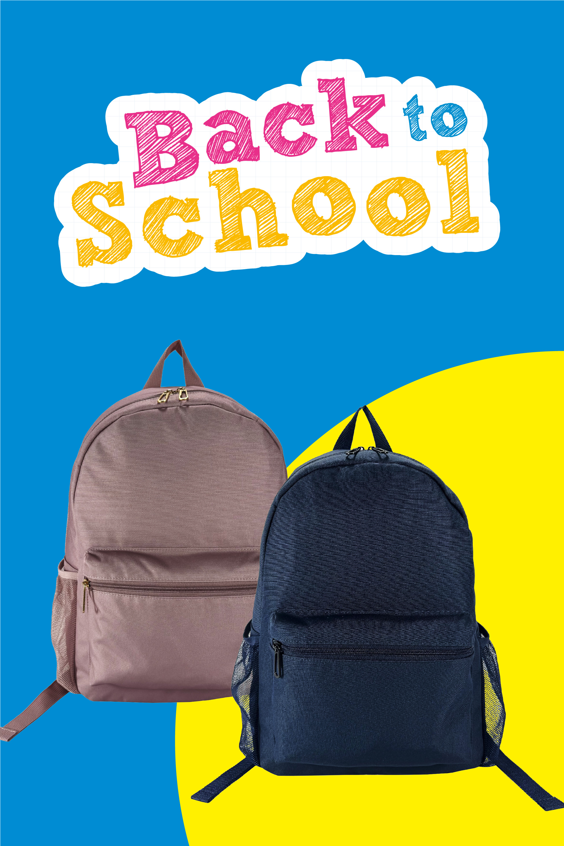 Two backpacks, one pink and one navy, with 'Back to School' text on a blue and yellow background.