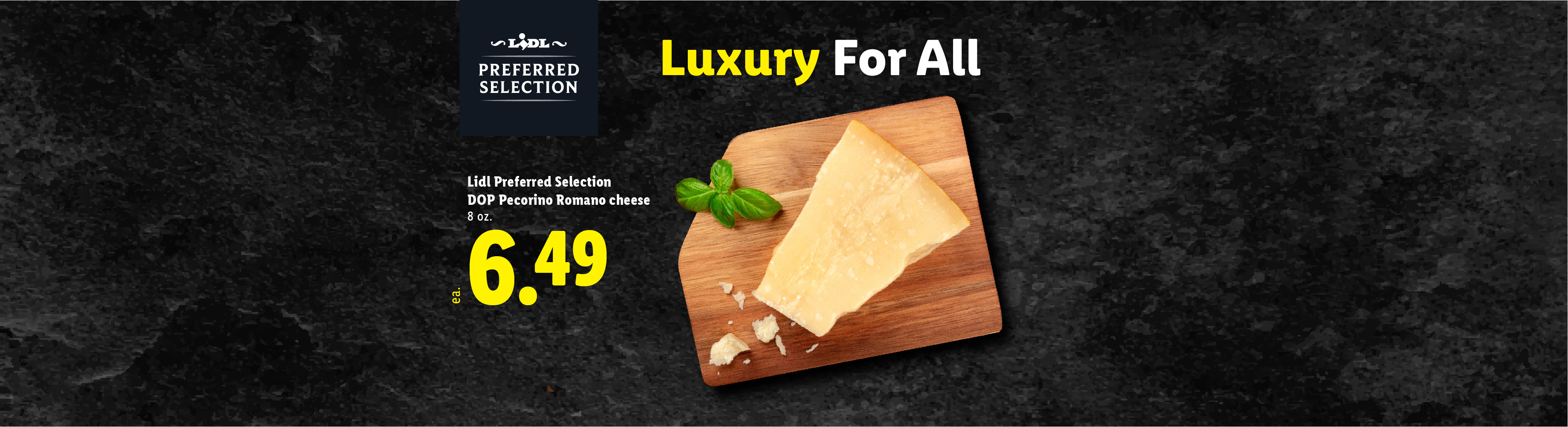 A block of Pecorino Romano cheese with basil on a cutting board, priced at $6.49.