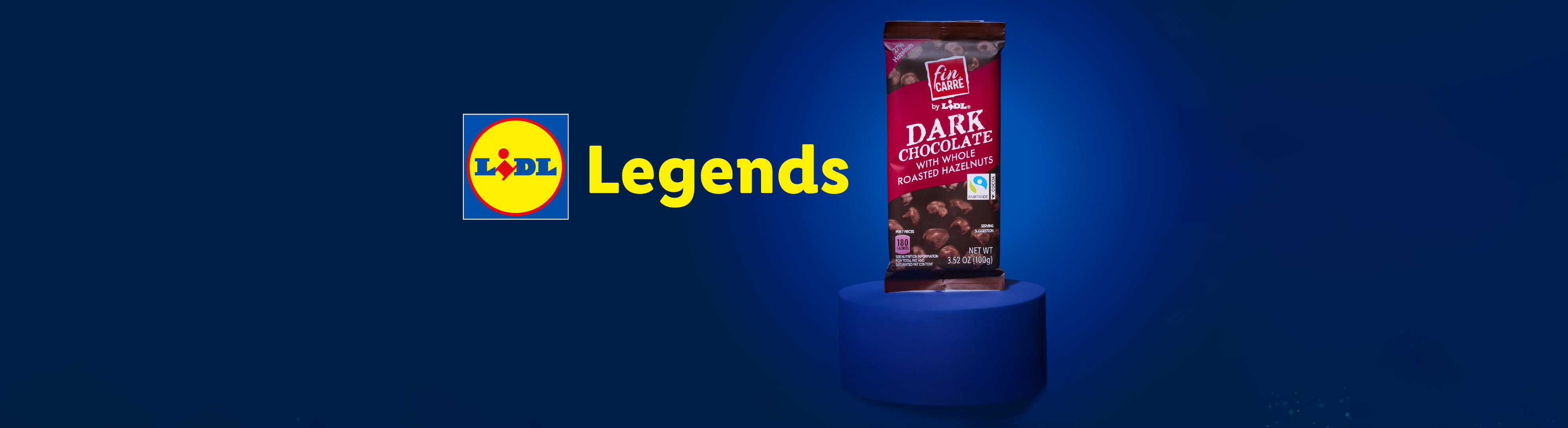 Dark chocolate with whole roasted hazelnuts, next to the word 'Legends' and a supermarket logo.