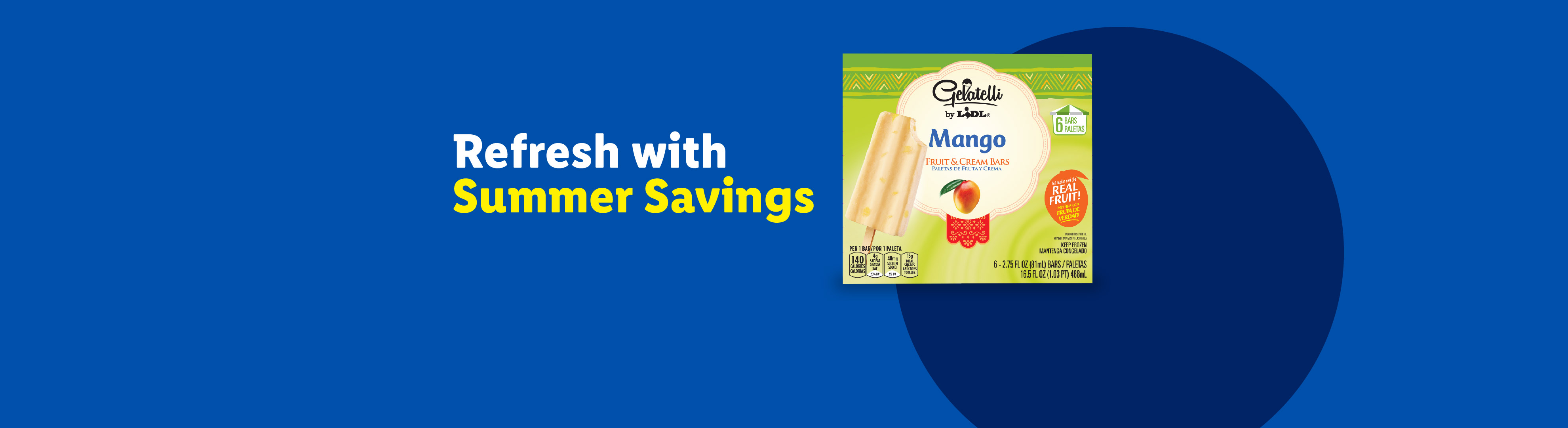 Mango fruit and cream bars with text 'Refresh with Summer Savings' on a blue background.