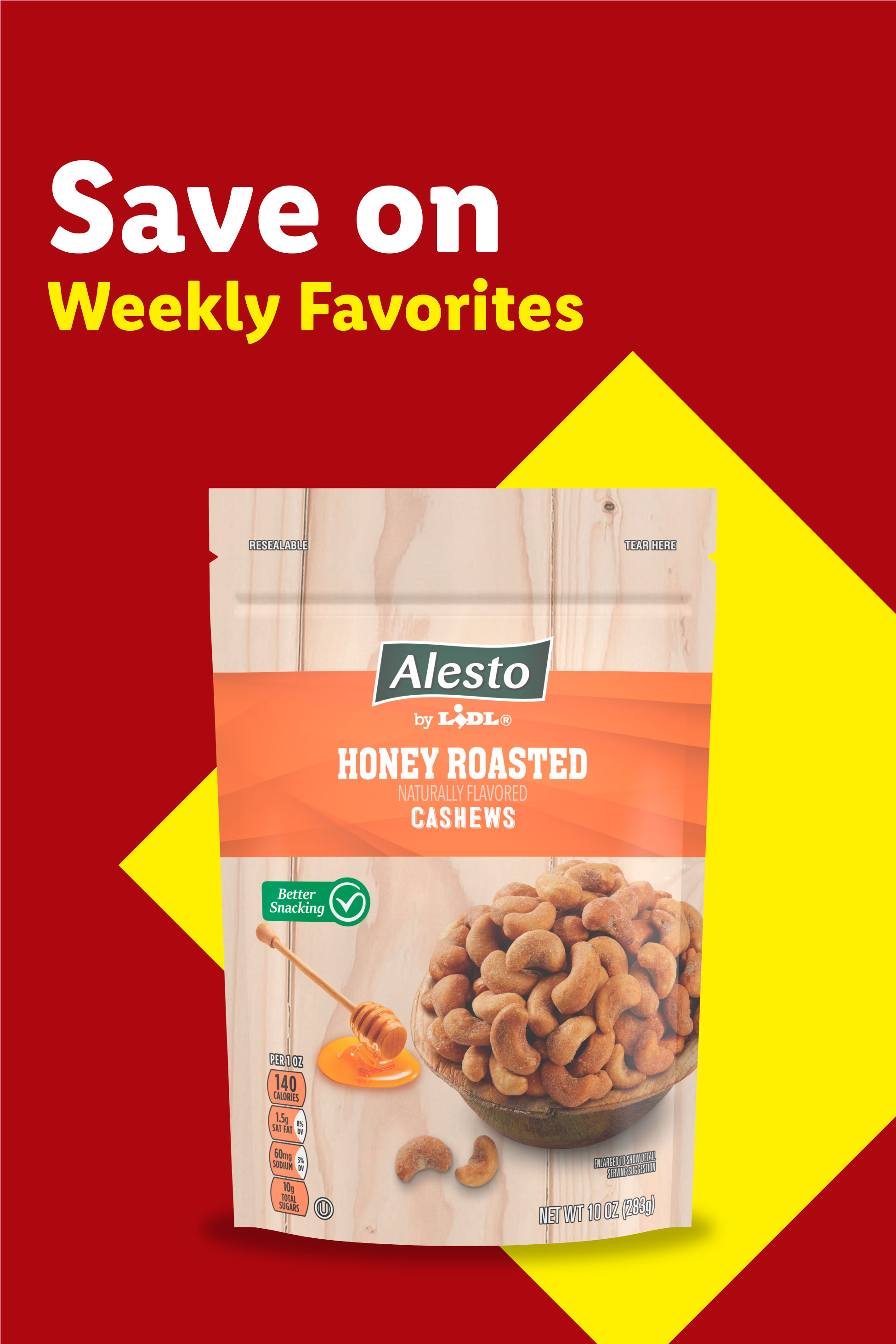 A bag of honey roasted cashews with a 'Save on Weekly Favorites' banner.
