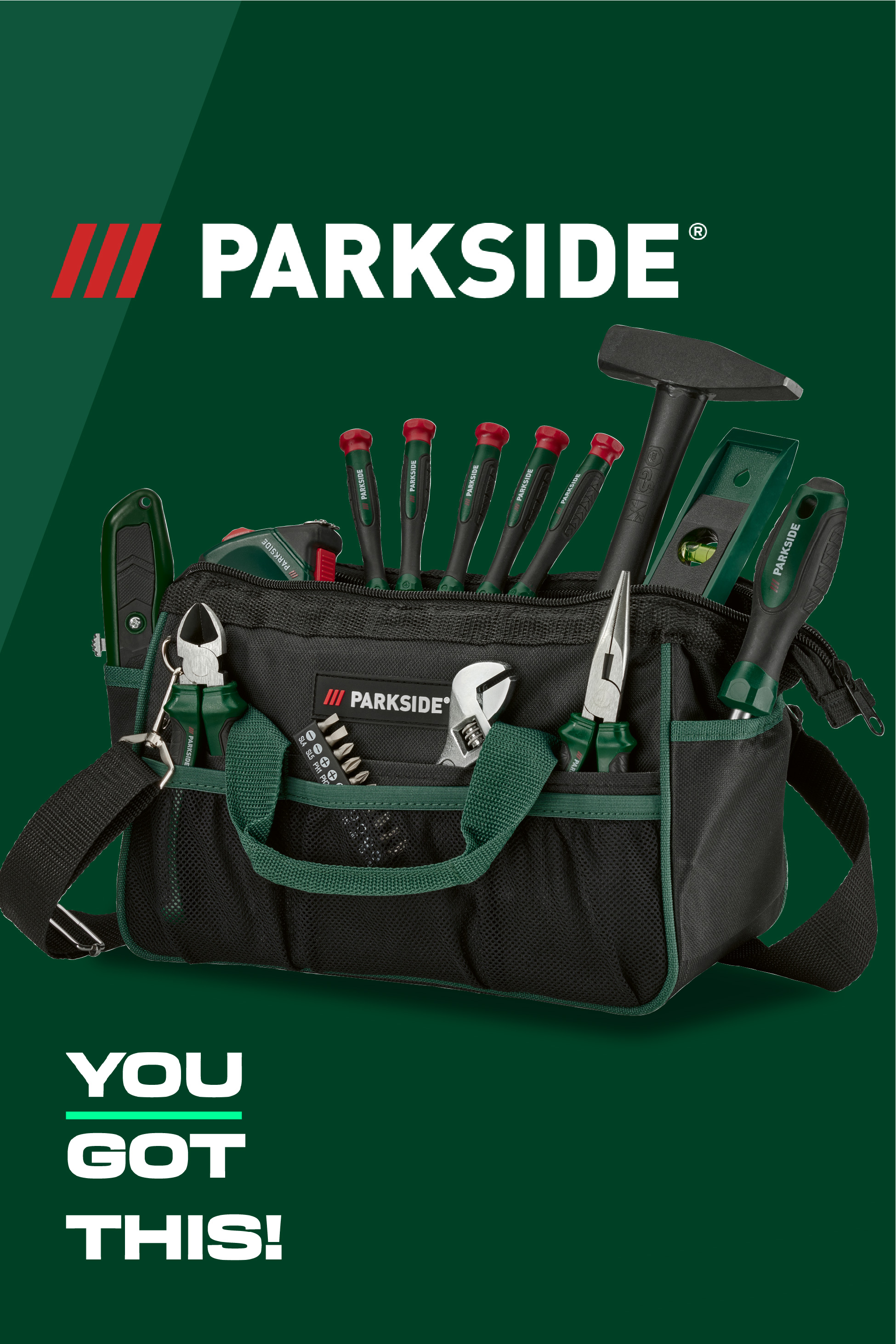 A black tool bag filled with various hand tools like screwdrivers, a hammer, and pliers, with the text 'YOU GOT THIS!' below.