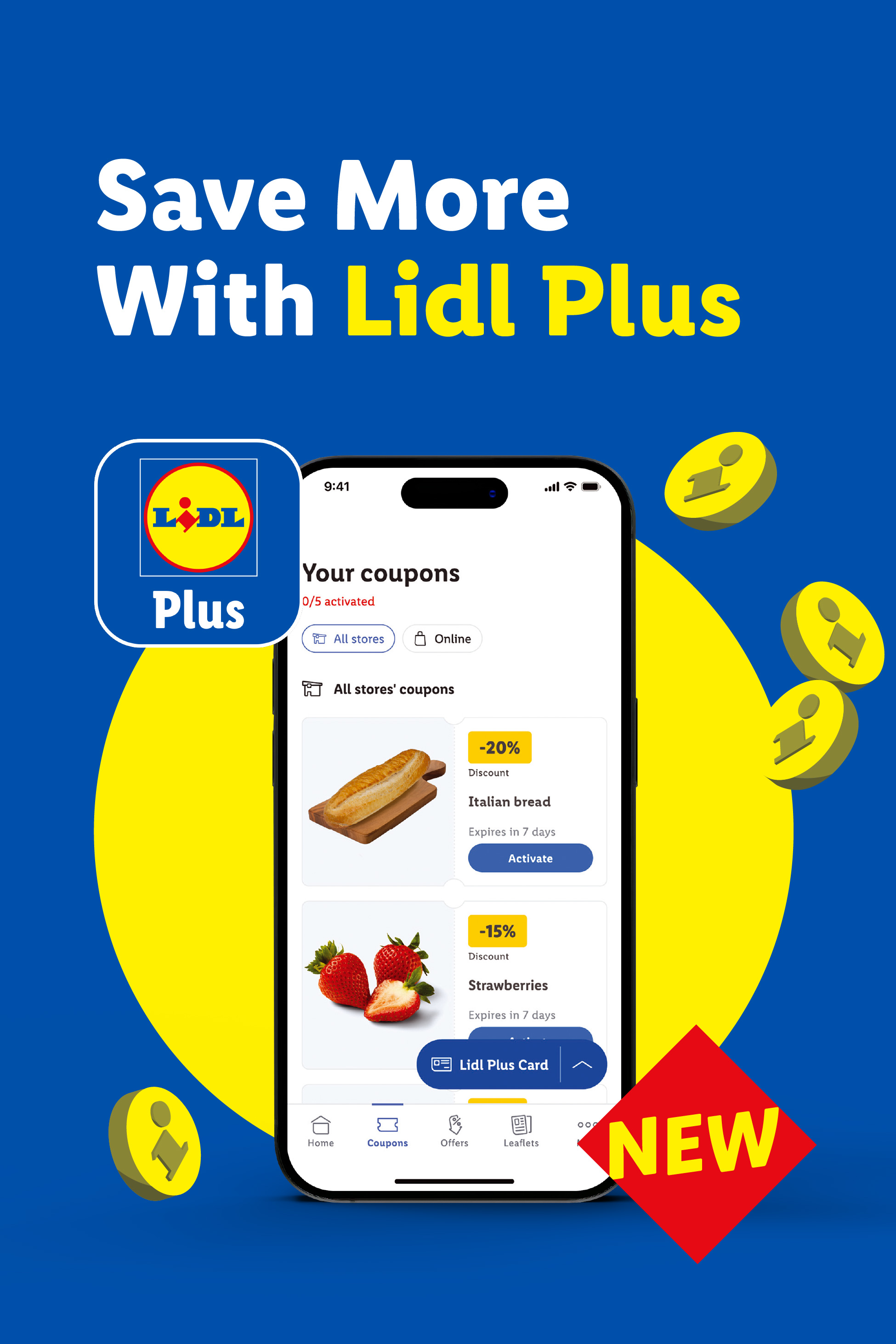 A smartphone displaying coupons for Italian bread and strawberries, promoting savings with a loyalty program.