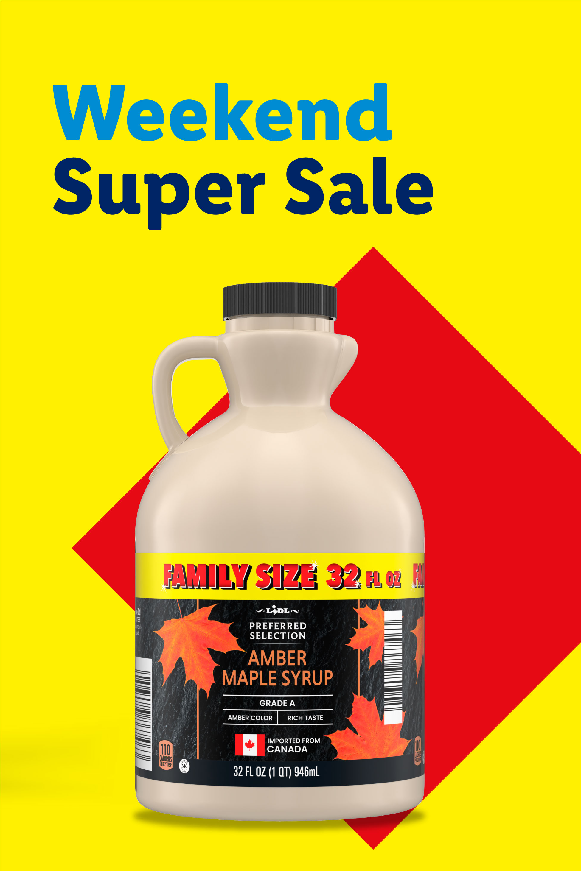 Weekend Super Sale with a family-size jug of amber maple syrup.