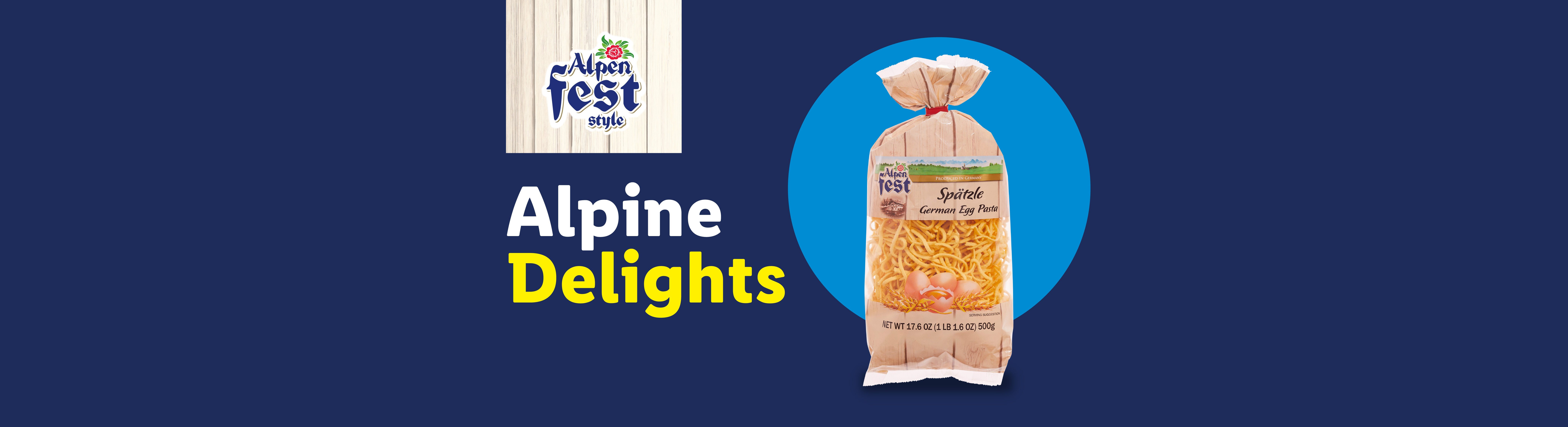 German egg pasta package with 'Alpine Delights' text and an 'Alpen fest style' logo.