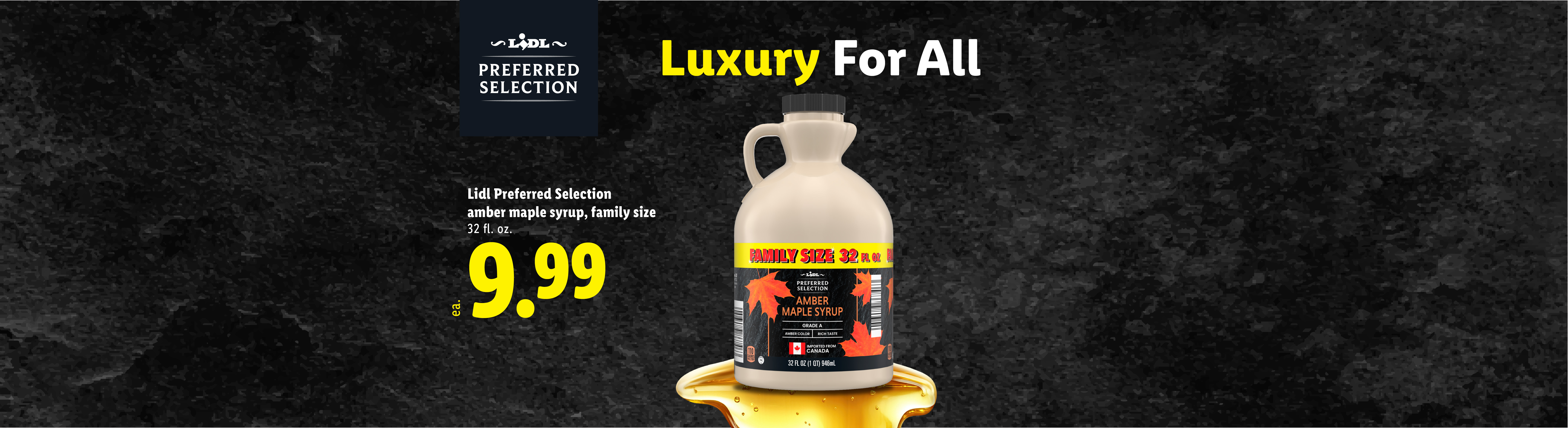 A bottle of amber maple syrup with a price of 9.99, on a dark background.