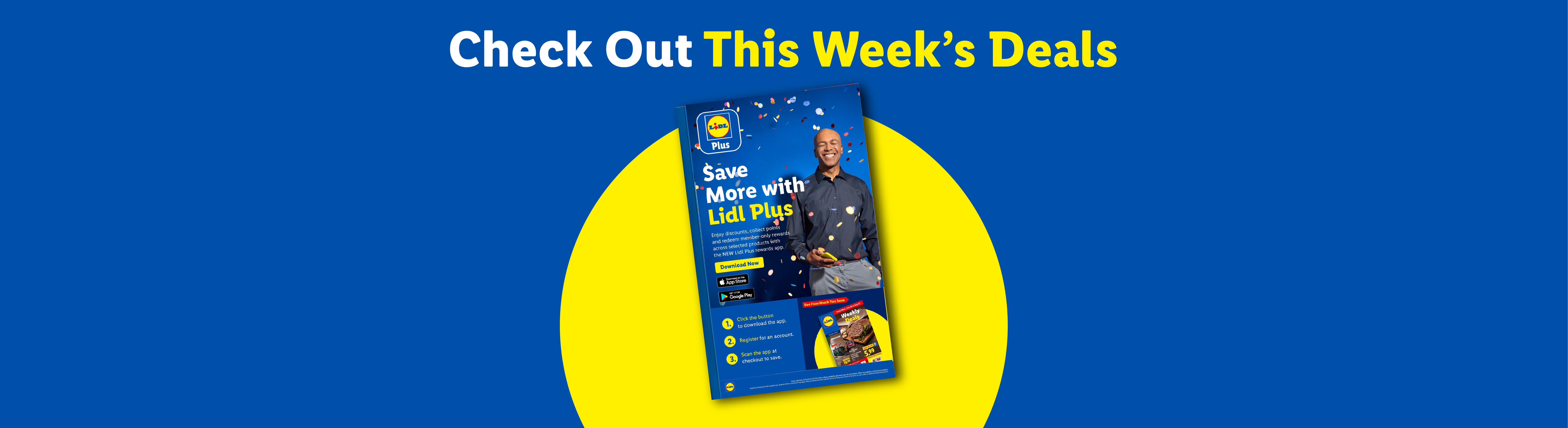 A flyer promoting the Lidl Plus app with a man smiling, confetti, and text about saving more.