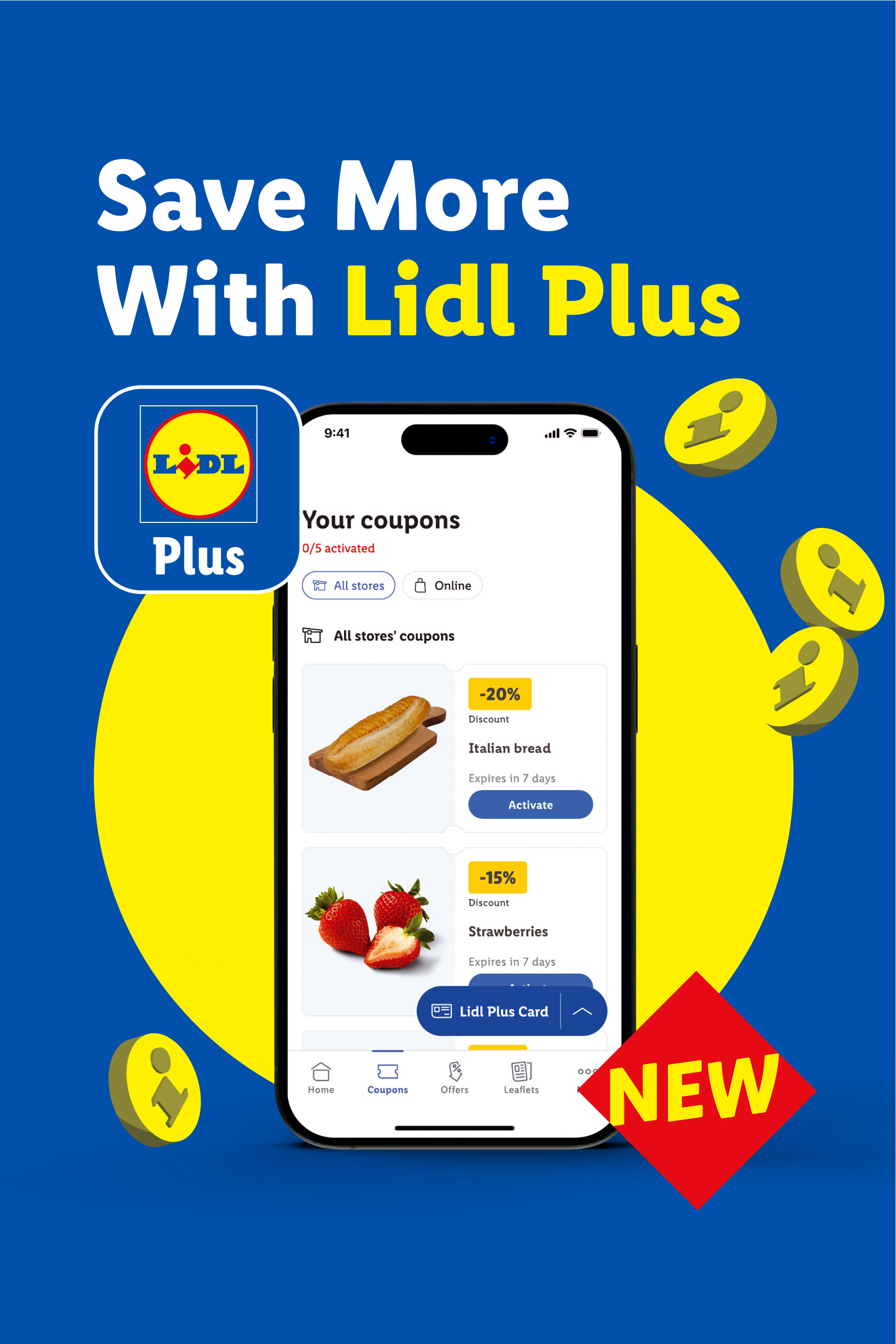 A smartphone displaying coupons for Italian bread and strawberries, promoting savings with a loyalty program.