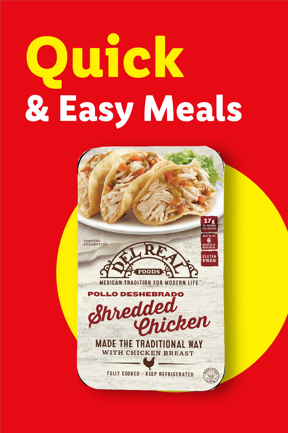 Red and yellow background with text 'Quick & Easy Meals' and a package of shredded chicken tacos.