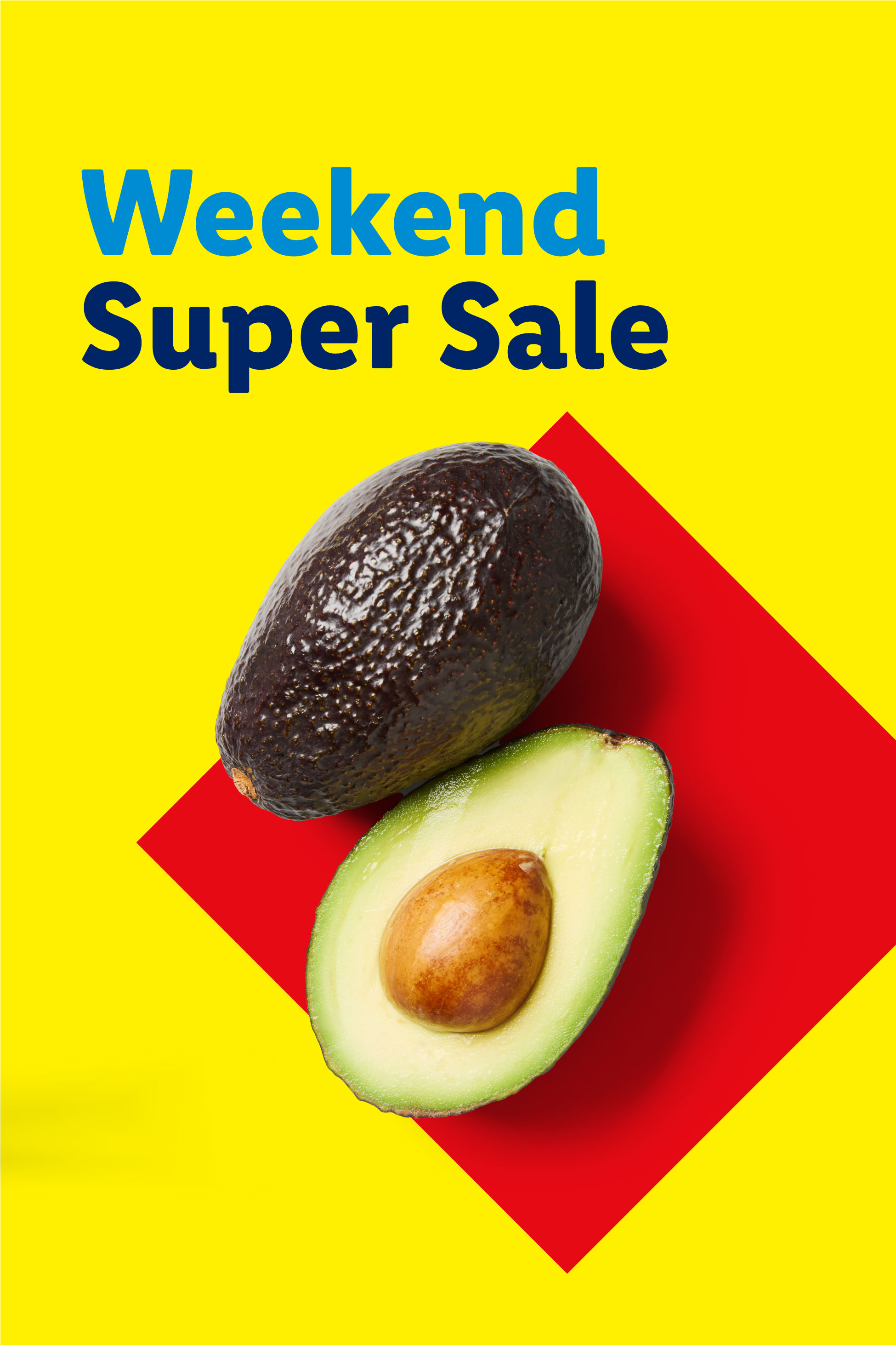 Weekend Super Sale with whole and halved avocados on a yellow and red background.