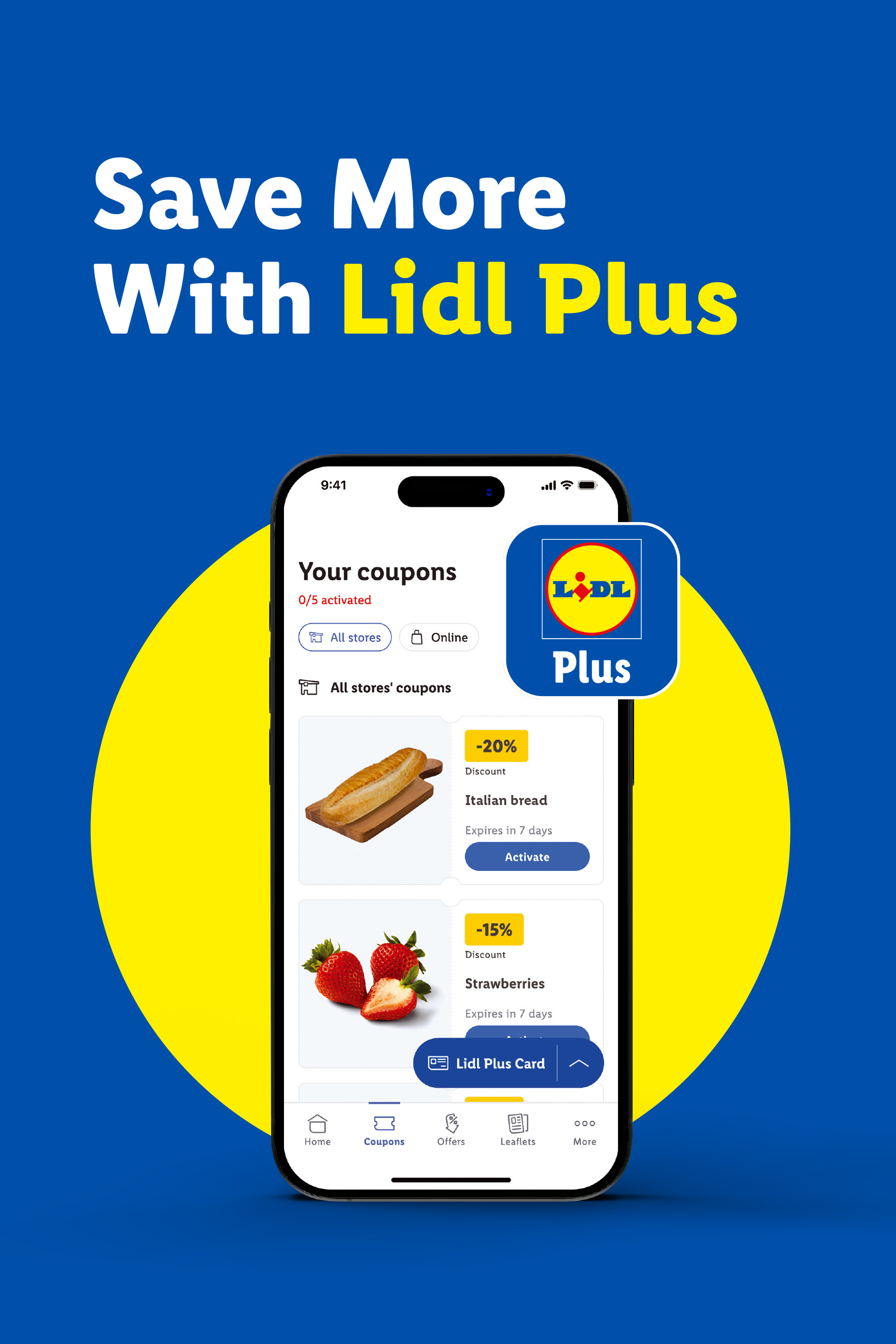 Mobile app showing coupons for Italian bread and strawberries, with text 'Save More With Plus'.