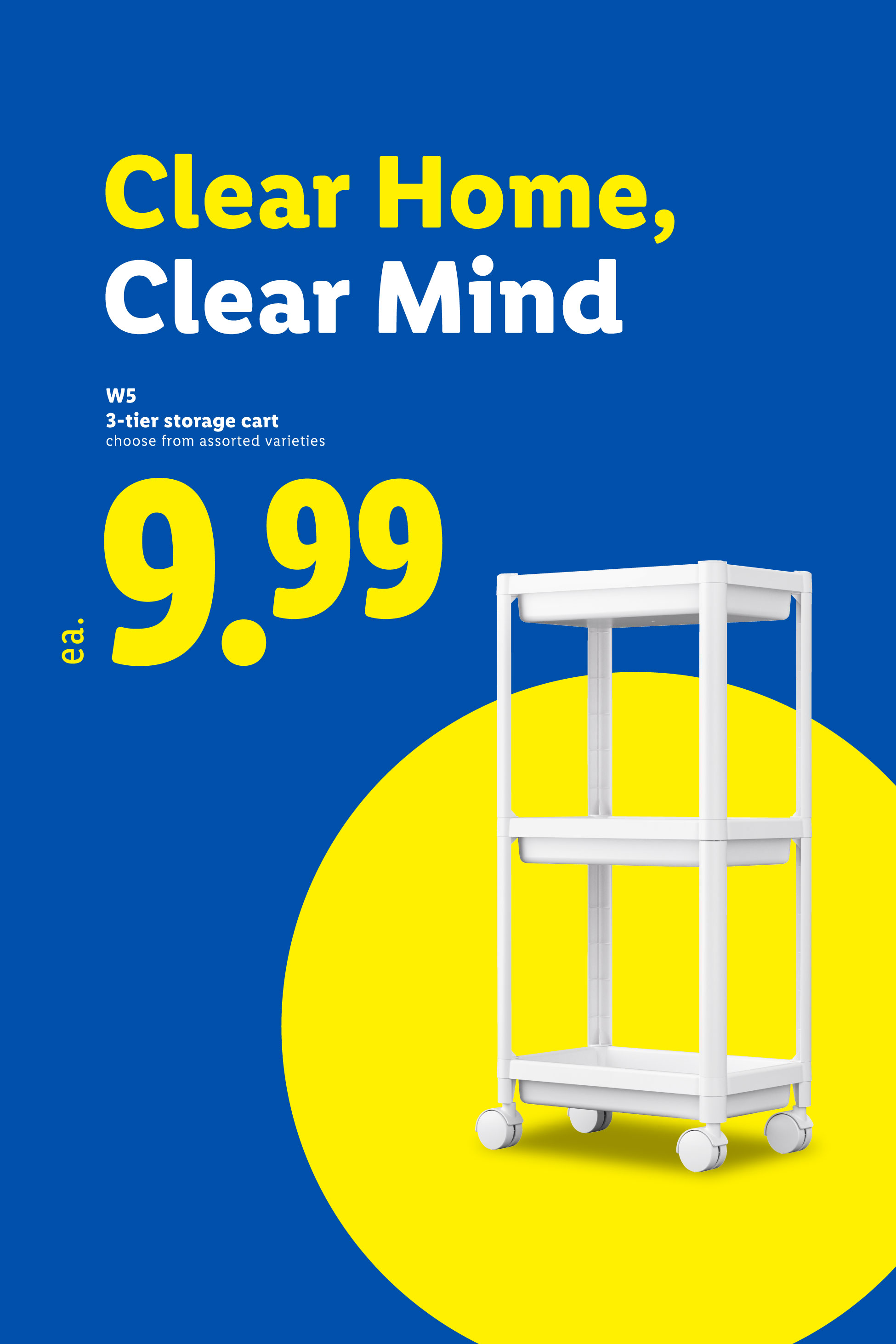 A blue and yellow ad for a 3-tier storage cart for $9.99, with text 'Clear Home, Clear Mind'.