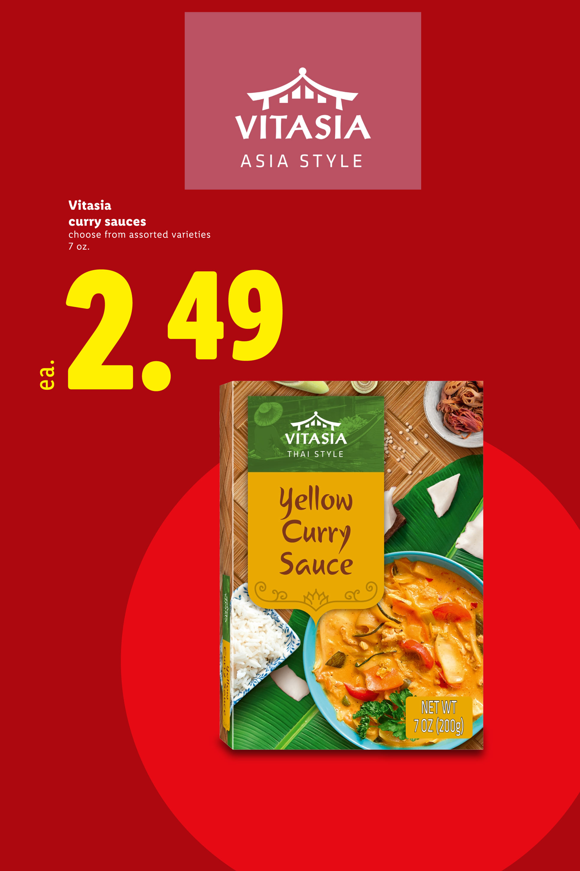 Vitasia curry sauces, 7 oz, choose from assorted varieties, priced at $2.49 each, featuring Yellow Curry Sauce.