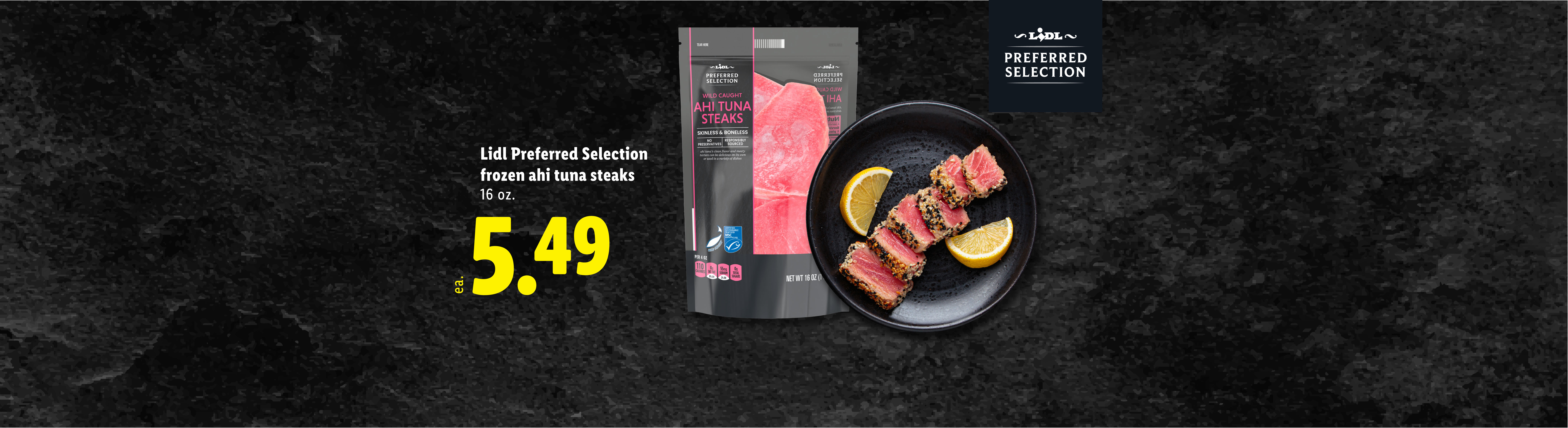 Frozen ahi tuna steaks with a price of $5.49, shown in packaging and prepared on a plate.