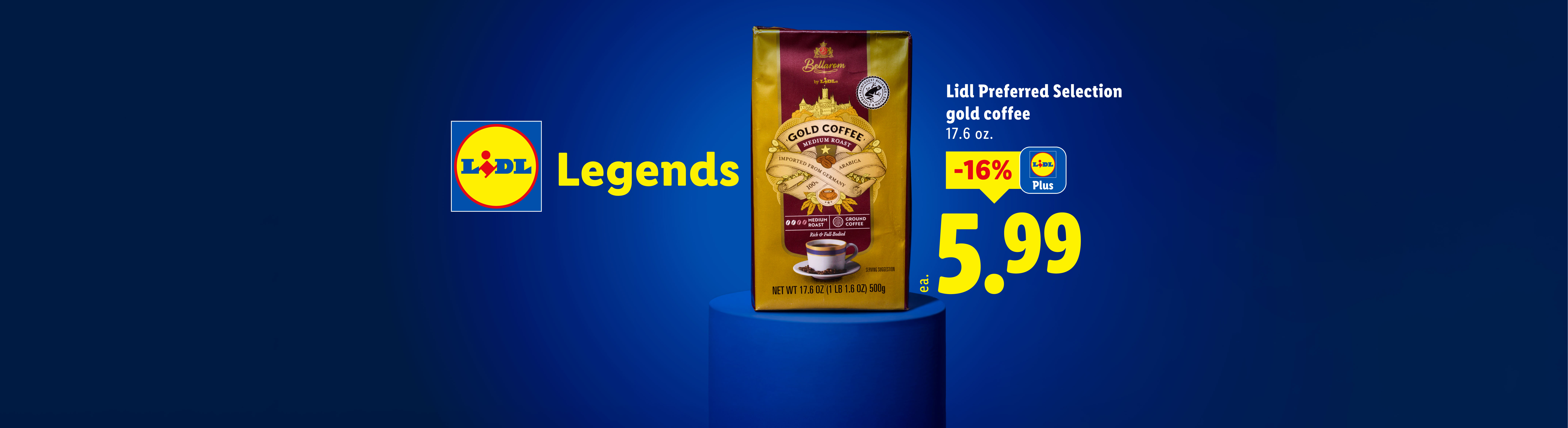 Gold coffee bag with a 16% discount, priced at $5.99, on a blue background.