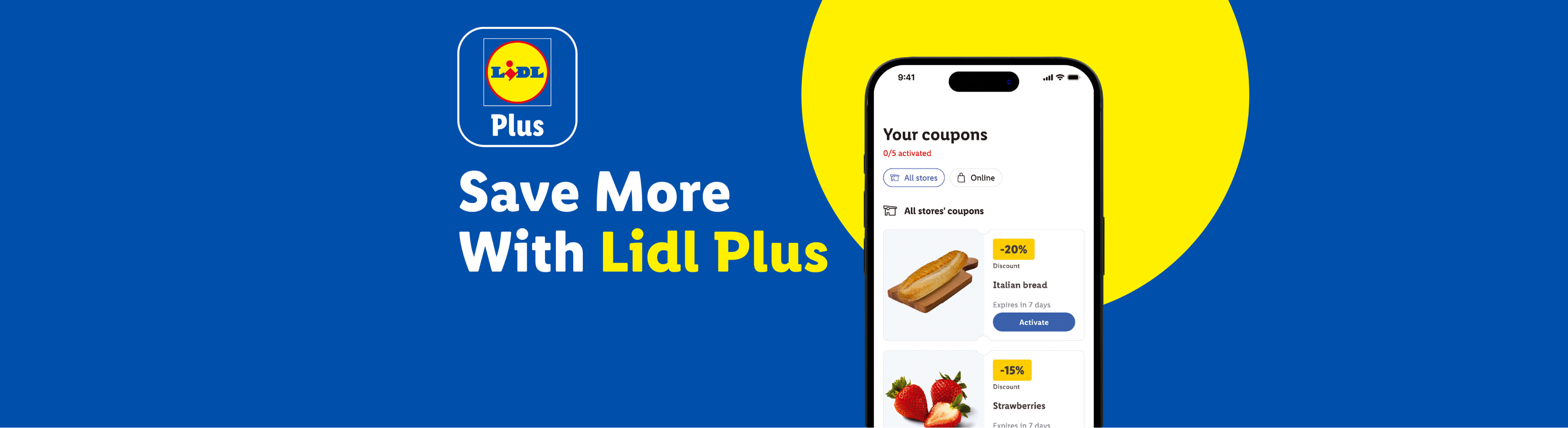 A smartphone displaying coupons for Italian bread and strawberries, with text 'Save More With Plus'.