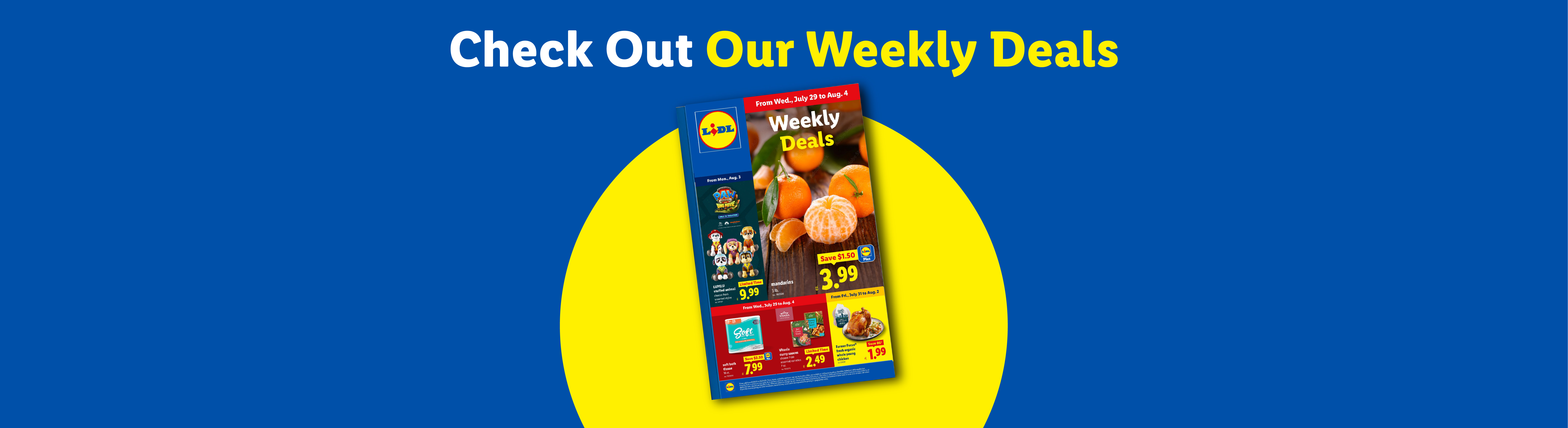 Lidl weekly deals flyer featuring mandarins, Paw Patrol toys, and household essentials.