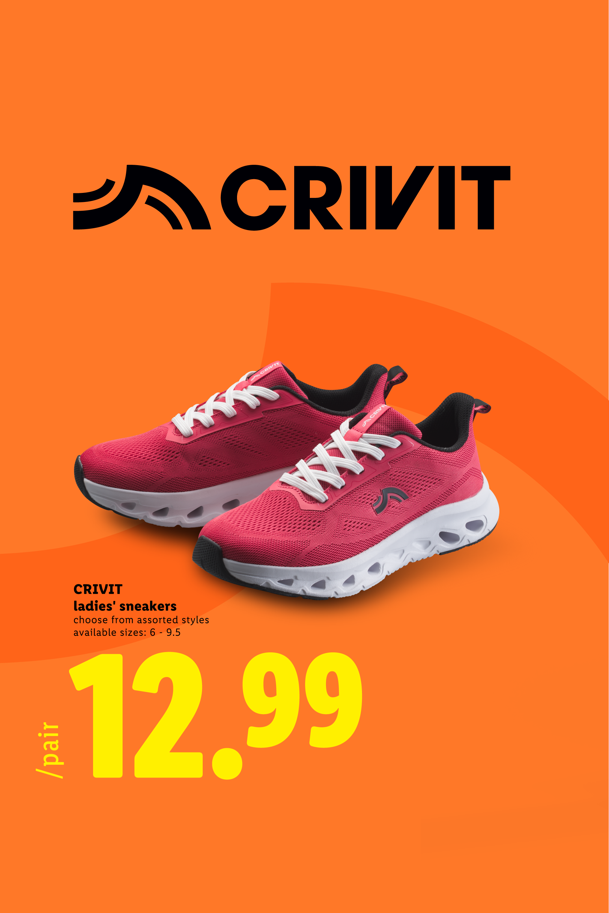 Pink ladies' sneakers for $12.99, available in sizes 6-9.5.