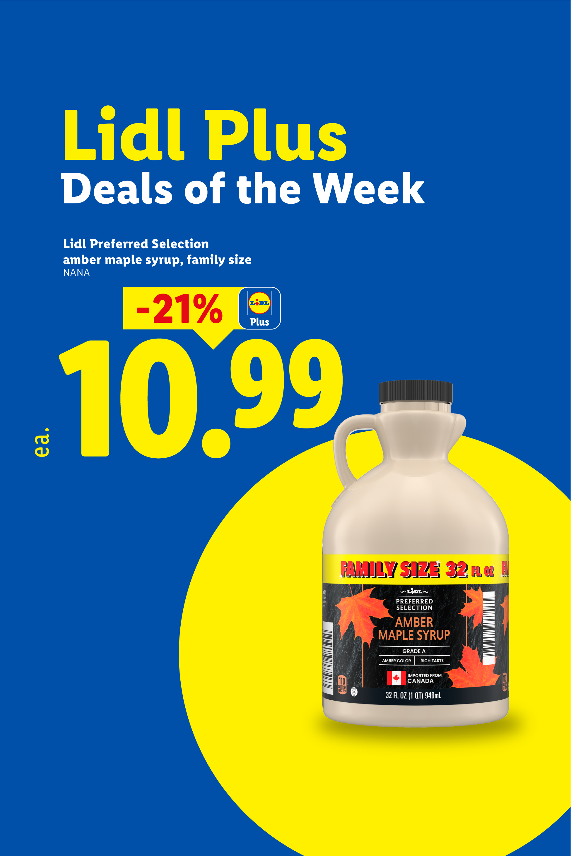Lidl Plus Deals of the Week: Amber maple syrup, family size, 21% off, now $10.99.