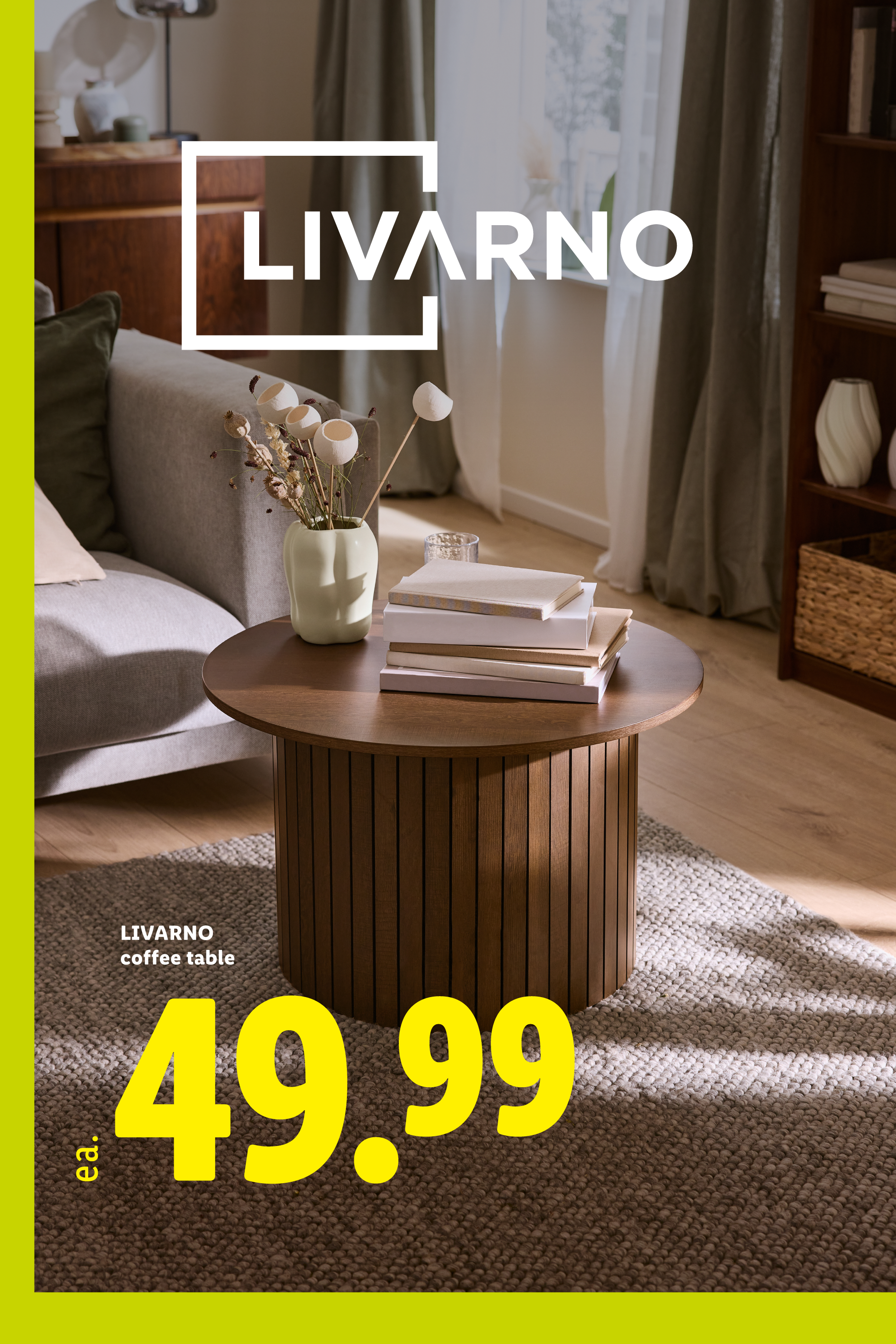 A wooden coffee table with books and a vase, priced at 49.99, in a living room setting.