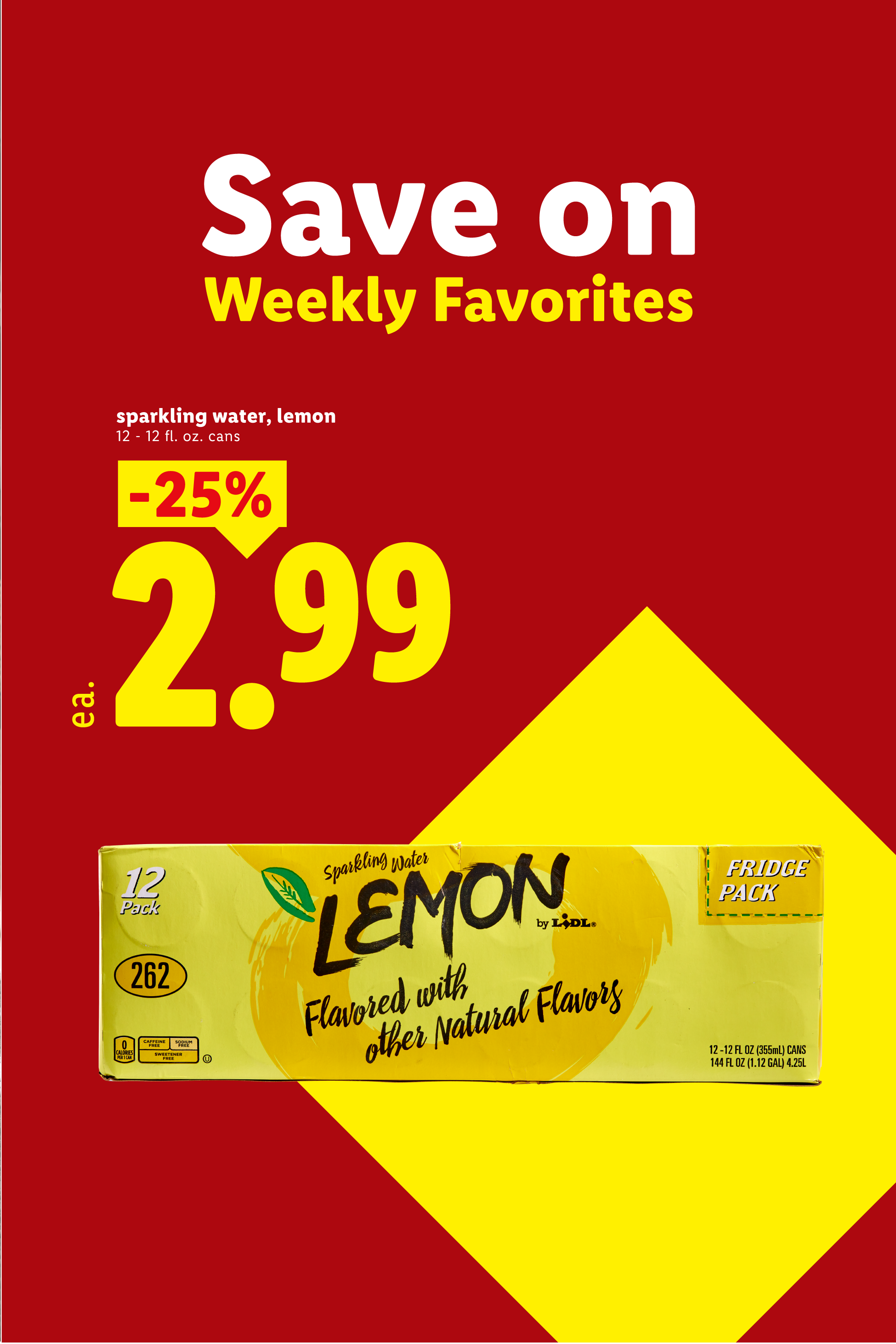 Ad for lemon sparkling water, 12-pack, 25% off at $2.99, with a fridge pack design.