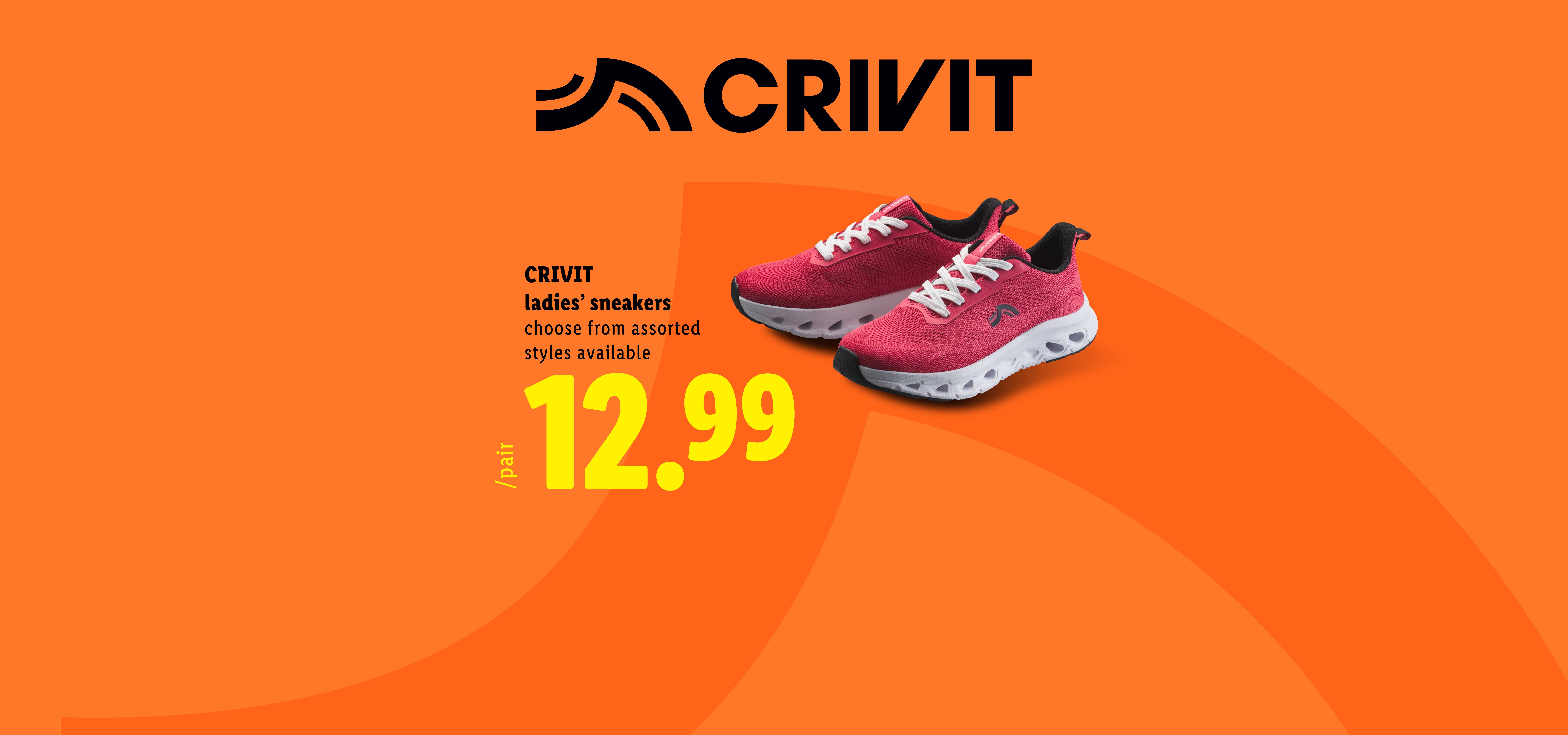 Pink ladies' sneakers with white laces and soles, priced at 12.99 per pair.