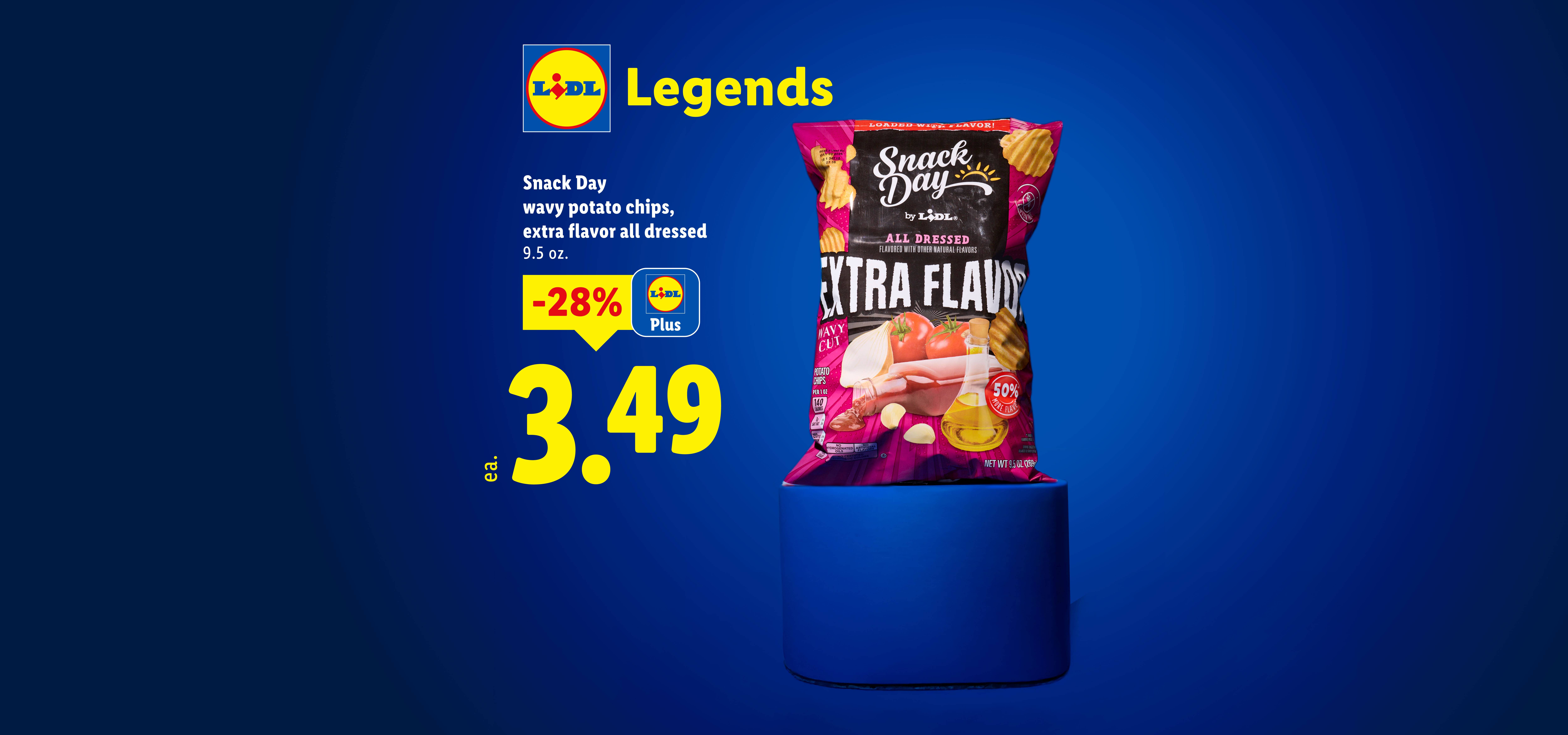 Snack Day wavy potato chips, extra flavor all dressed, 9.5 oz., 28% off, now $3.49.