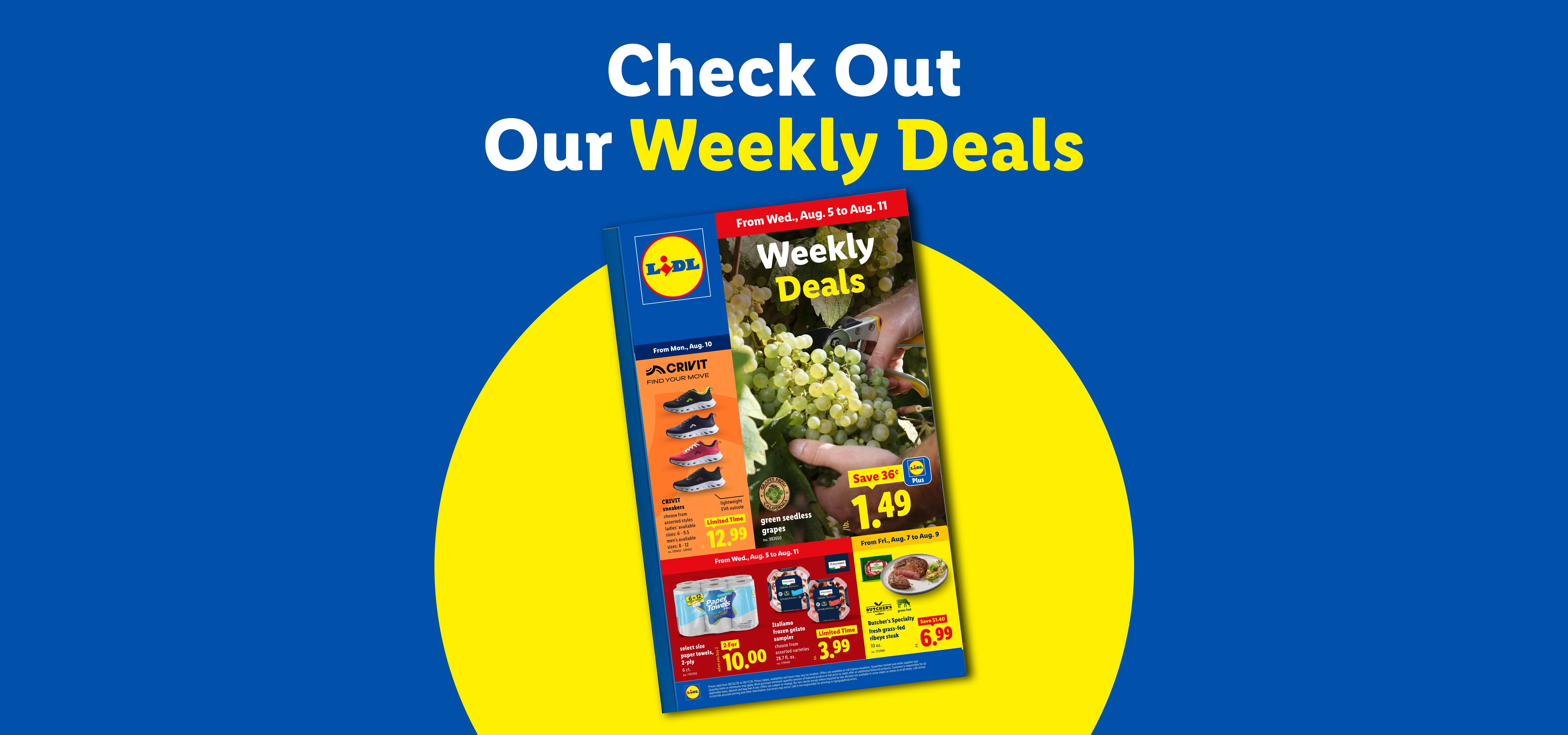 Weekly Deals flyer with grapes, sneakers, paper towels, and steak offers.