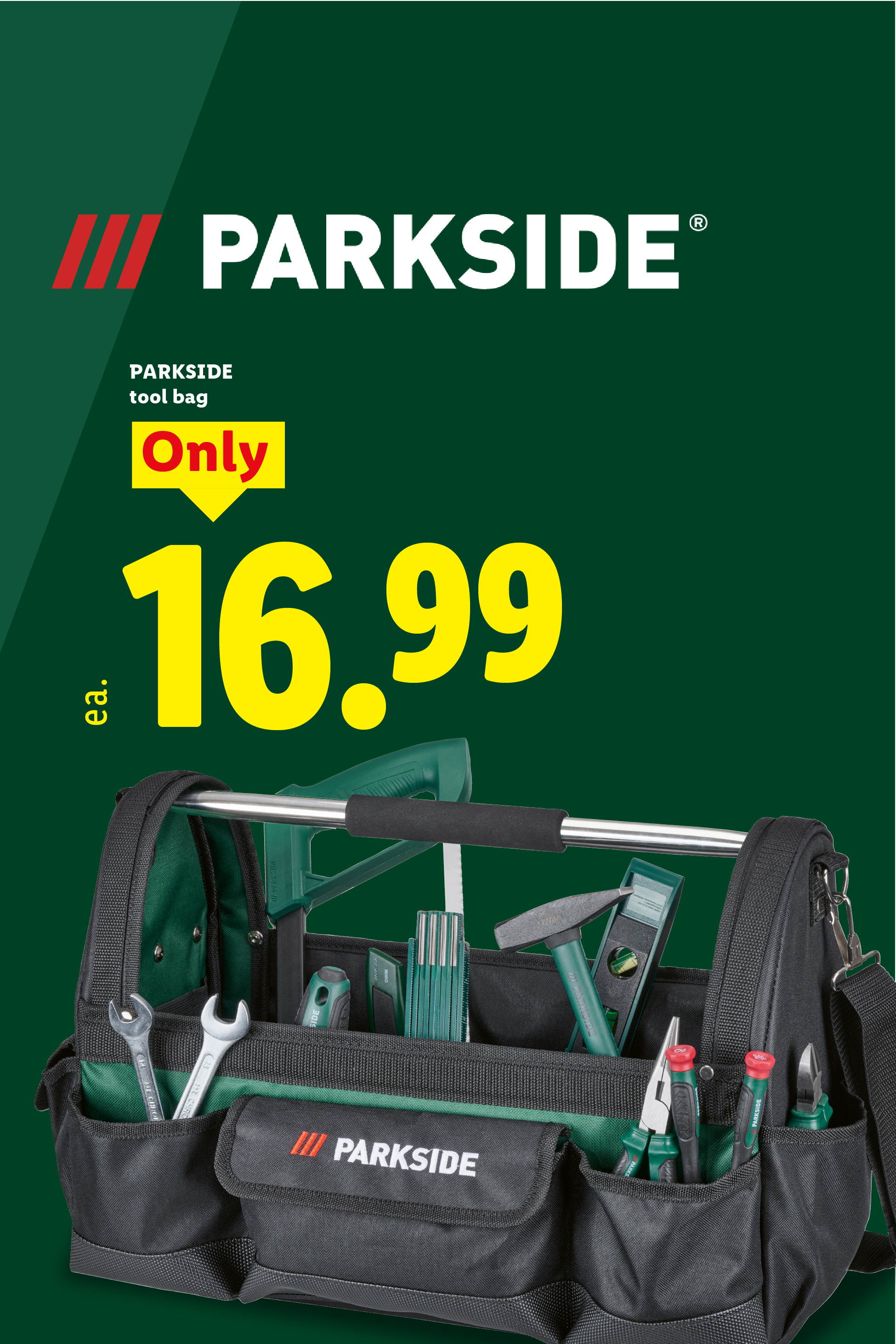 Tool bag with various tools, priced at 16.99.