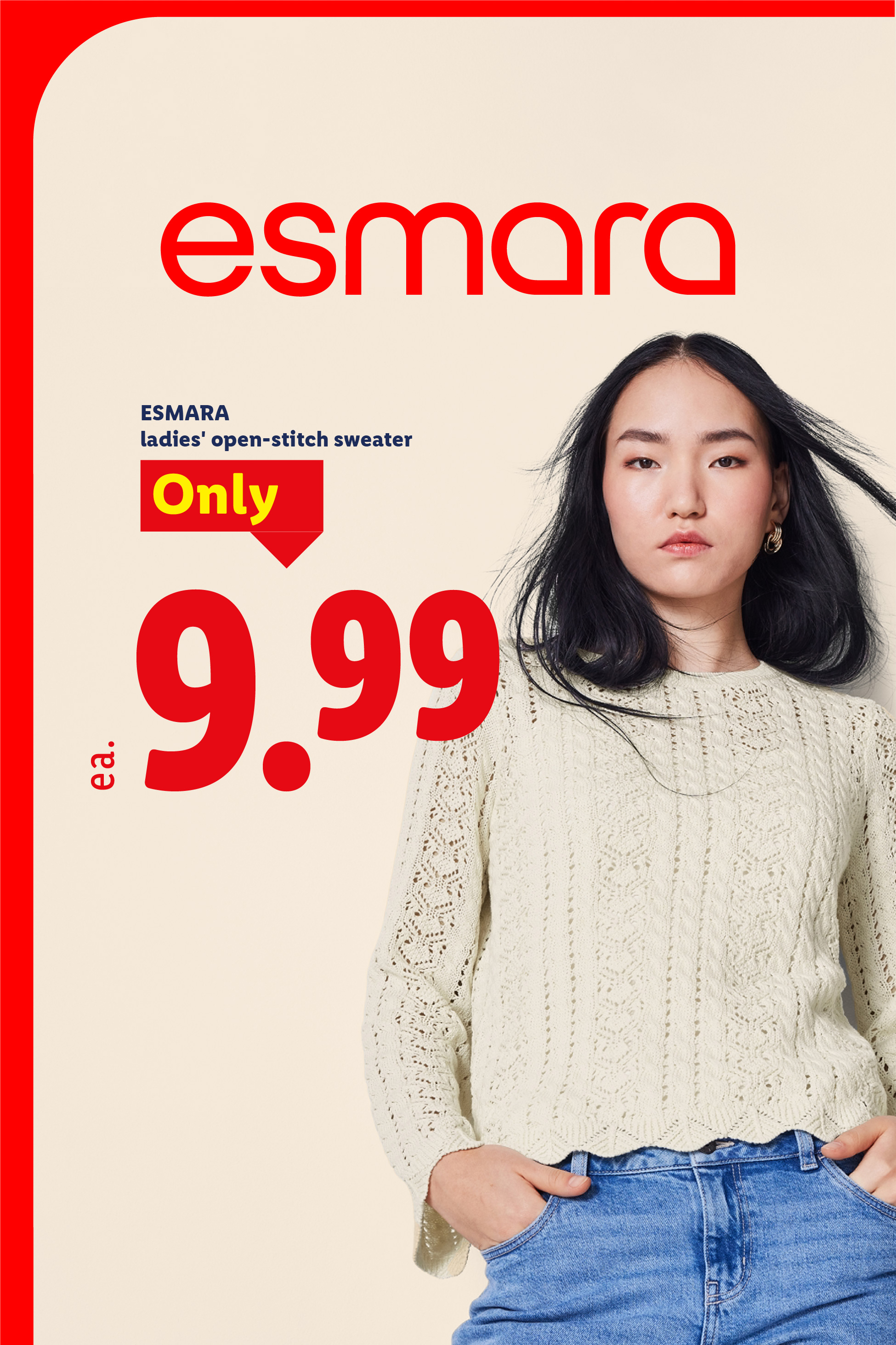 Ladies' open-stitch sweater for 9.99 ea., worn by a woman with dark hair and jeans.